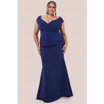 Goddiva Plus Bardot Pleated Maxi Dress - Navy