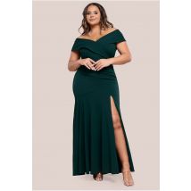 Goddiva Plus Scuba Crepe Off Shoulder Front Split Maxi Dress - Emerald Green