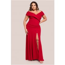 Goddiva Plus Scuba Crepe Off Shoulder Front Split Maxi Dress - Red