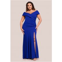 Goddiva Plus Scuba Crepe Off Shoulder Front Split Maxi Dress - Royal Blue