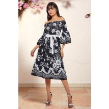 Goddiva Printed Off The Shoulder Midi Dress - Black