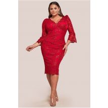 Goddiva Plus Scallop Lace Midi Dress- Red