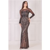 Goddiva Long Sleeve Sequin Flame Maxi - Solid Black