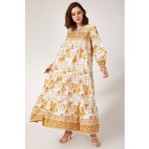 Women's Shirred Sleeves Floral Pattern Yellow Linen Long Dress