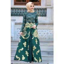Women's Patterned Green Jacquard Evening Dress