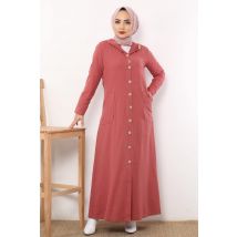 Women's Hooded Wooden Button Dusty Rose Abaya