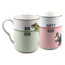 Yvonne Ellen Bonjour/Happy Hour Quote - Set of 2 Mugs - Travel Tea Mug - Teaware - Tea for Two Set