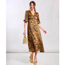 Brown Leopard Satin Midi Dress | Clothing Size: 8