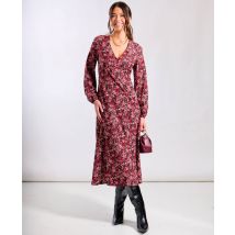 Red Floral Printed Long Sleeve Midi Dress | Size: 16