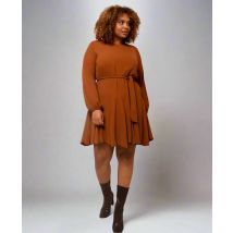 Tan Crepe Belted Fit and Flare Dress | Size: 8