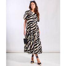 Cream Animal Viscose Puff Sleeve Midi Dress | Size: 10