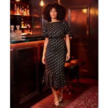 Black Chiffon Foil Puff Sleeve Midi Dress | Size: 14