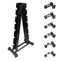 DKN 2kg to 10kg Rubber Hex Dumbbell Set with Storage Rack - 6 Pairs