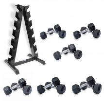 DKN 4kg to 10kg Rubber Hex Dumbbell Set with Storage Rack - 6 Pairs