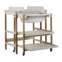 Quax Luiertafel met Bad Smart – Clay/Natural | All-in-One Verzorgingstafel met Uitschuifbaar Badje & Opbergruimte