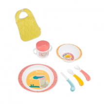 Coffret repas bébé : couvert bébé, assiette, tasse, bavoir| Badabulle , pinky
