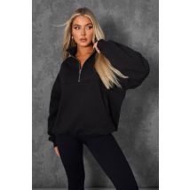 Oversized Half Zip Pullover Pocket Front Sweatshirt Black UK 14