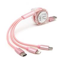 3-in-1 Retractable USB Charging Cable Charger Cord for Cell Phones Tablets, Rose Gold