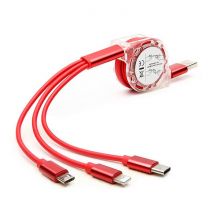 3-in-1 Retractable USB Charging Cable Charger Cord for Cell Phones Tablets, Red