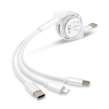 3-in-1 Retractable USB Charging Cable Charger Cord for Cell Phones Tablets, White