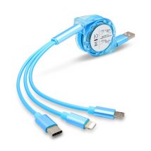 3-in-1 Retractable USB Charging Cable Charger Cord for Cell Phones Tablets, Blue