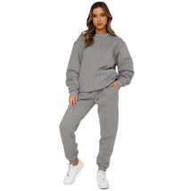 Autumn and Winter Round Neck Pullover Women's Fashion Casual Sweatshirt Set, Grey / S