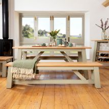 Langley Oak Dining Table And Benches - Wood Smoke  - Funky Chunky Furniture