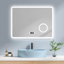EMKE „LM13" LED-Badspiegel mit integriertem Schminkspiegel 80x60+Touch+Kaltweiß+Anti-beschlag+Uhr
