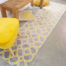 Modern Grey Ochre Trellis Runner Rug - Enzo - 60cm x 240cm Runner