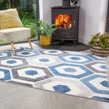 Blue Geometric Honeycomb Living Room Rug - Enzo - 60cm x 110cm