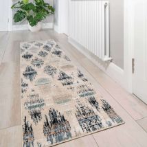 Blue Mottled Trellis Hall Runner Rug - Ikaro - 60cm x 240cm Runner
