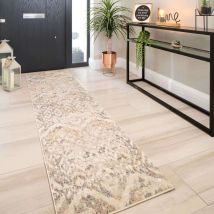 Distressed Grey Gold Diamond Hall Runner Rug - Ikaro - 60cm x 240cm Runner