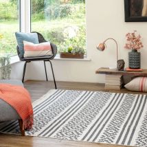 Reversible Cotton Cream Grey Motif Rug - Kyoto - 120cm x 170cm