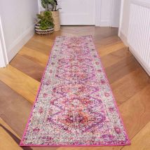 Fuschia Pink Oriental Distressed Runner Rug - Oscar - 60cm x 240cm Runner