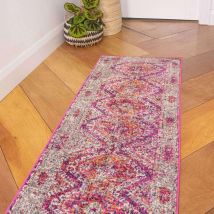 Fuschia Pink Oriental Distressed Rug - Oscar - 80cm x 150cm