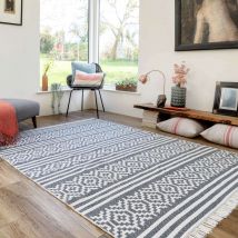 Reversible Recycled Cotton Grey Aztec Motif Rug - Sian - Kyoto - 120cm x 170cm