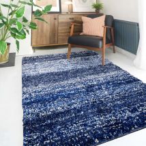 Navy Mottled Striped Shaggy Living Room Rug - Murano - 60cm x 110cm