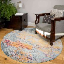 Round Circle Gold Blue Distressed Living Room Rug - Oscar - 120cm x 120cm Circle