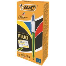 Bic 4 Colours Fluo Ballpoint Pen and Highlighter 1mm Tip 0.32mm Line and 1.6mm Tip 0.42mm Line Yellow/White Barrel Black/Blue/Red/Yellow Ink (Pack 12)