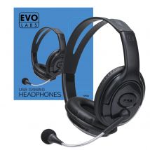 Evo Labs HP02 Headset with Mic, USB Powered Plug and Play, 40mm Audio Drivers with Inline volume and Microphone controls, Black
