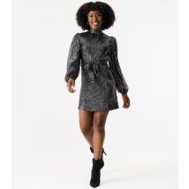 Black High Neck Long Sleeves Belted Sequin Dress