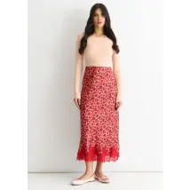 Red Floral Lace Trim Bias Midi Skirt