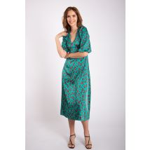 Green Animal Print V Neck Shift Midi Dress