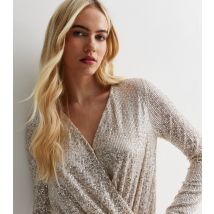 Beige Sequin Wrap Long Sleeves Bodysuit