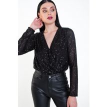 Black Sequin Wrap Long Sleeves Bodysuit