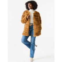 Camel Diagonal Cut Faux Fur Long Sleeve Jacket