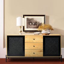 155CM Wide Rattan Wooden Storage Cabinet with 2 Cupboard Doors and 3 Drawers