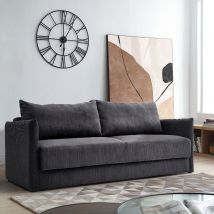 Dark Grey Corduroy Upholstered 3-Seater Sofa Bed with 2 Pillows