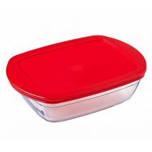O Cuisine Glass Rectangular Dish with Plastic Lid, 2.5 litre, Red