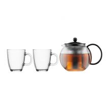 Bodum ASSAM Tea Press with S/S Filter, 1.0L, 34oz and 2 Mugs, 0.35L, 12oz, Black/Clear